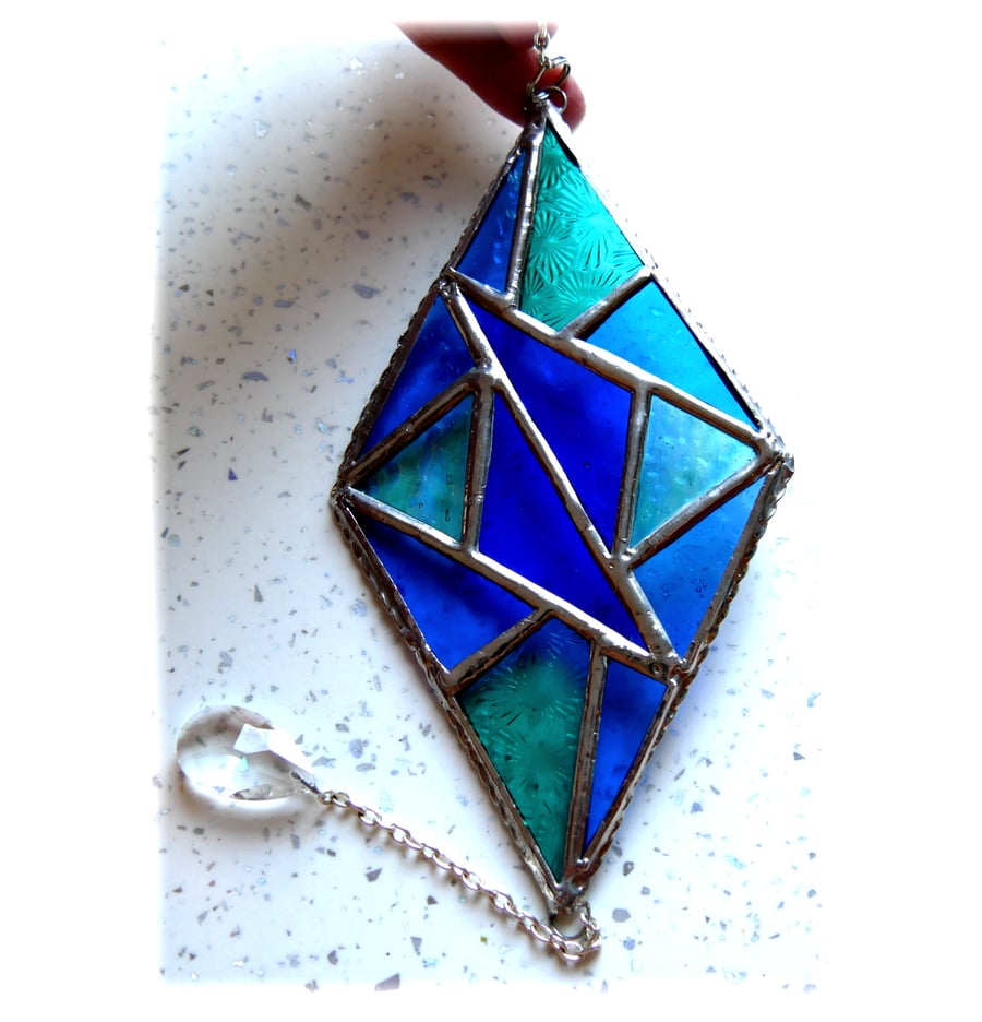 Stained Glass Diamond Suncatcher Handmade Teal Blue Triangles 