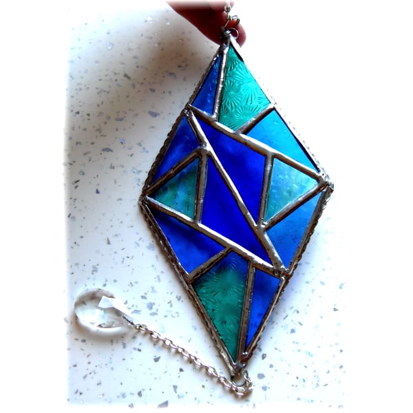 Stained Glass Diamond Suncatcher Handmade Teal Blue Triangles 