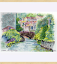 Framed Impressionist Watercolour Painting Village Street  Bridge Over River  - Image 2