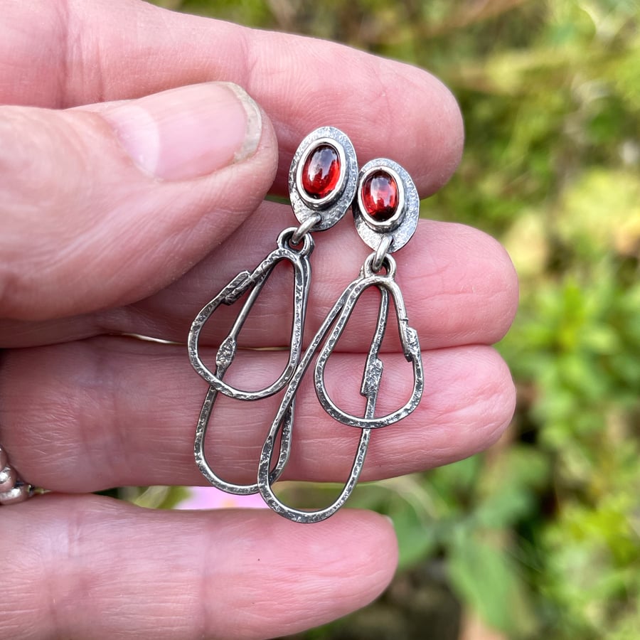 Sterling silver and garnet long dangle stud earrings