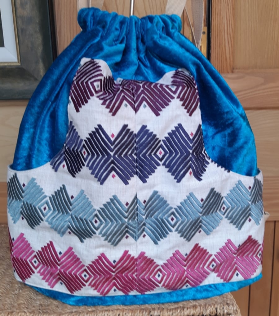Turquoise velvet and linen backpack