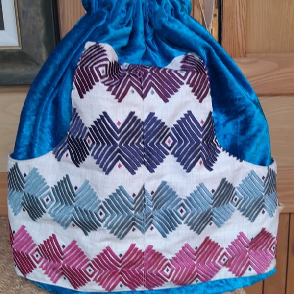 Turquoise velvet and linen backpack