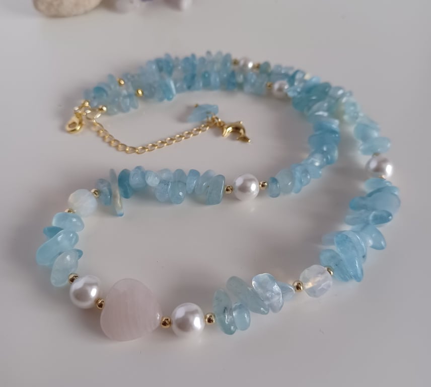 Sky Blue Aquamarine, Rose Quartz & Pearl Necklace, Adjustable  Choker