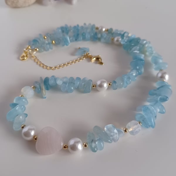 Sky Blue Aquamarine, Rose Quartz & Pearl Necklace, Adjustable  Choker