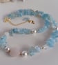 Sky Blue Aquamarine, Rose Quartz & Pearl Necklace, Adjustable  Choker
