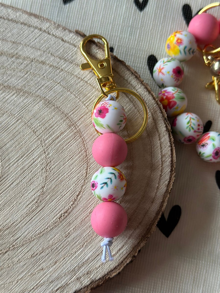 Tropical pink and white flora silicone keyring bag charm
