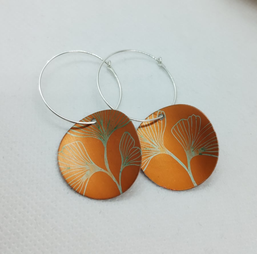 Orange ginko leaf printed aluminium earrings