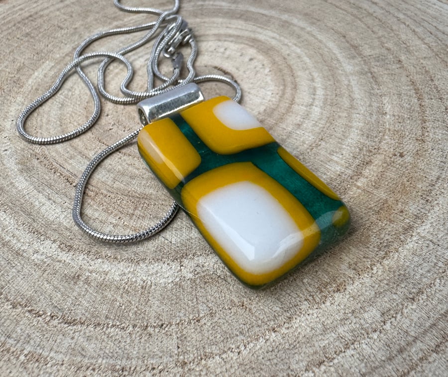 A Beautiful Handmade Blue, Yellow and White Fused Glass Pendant 