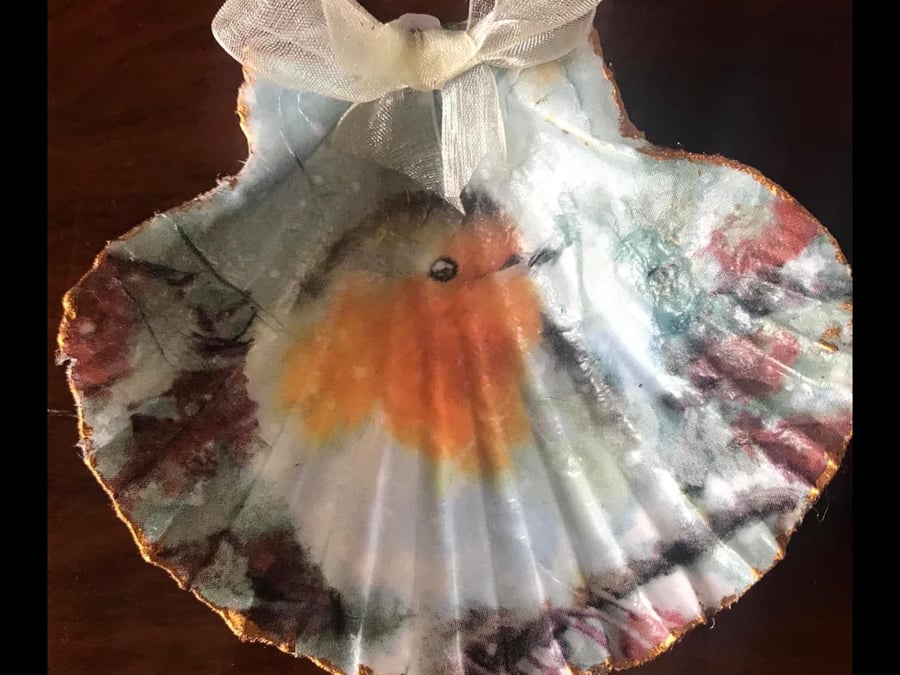 Decoupaged Scollop shell.  Trinket Dish