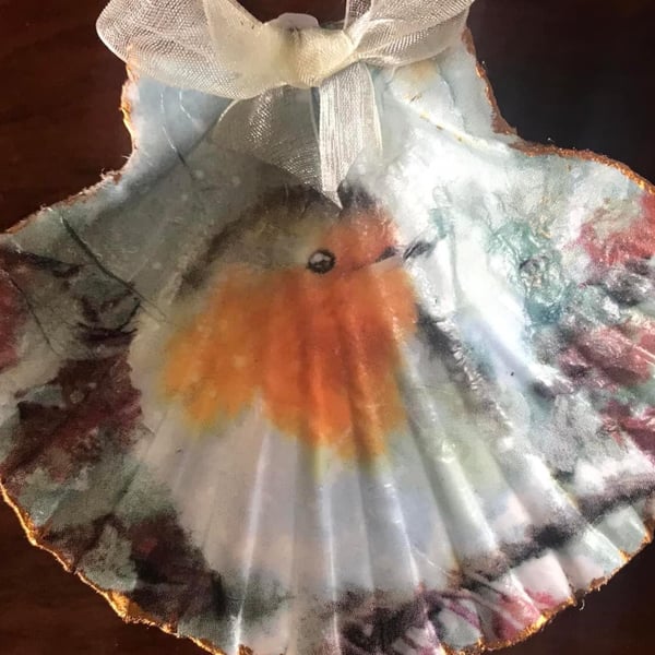 Decoupaged Scollop shell.  Trinket Dish