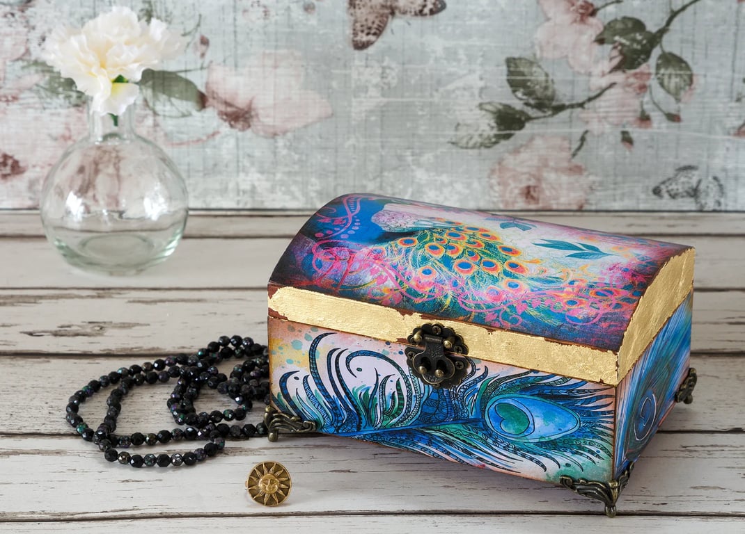 Purple Peacocks Wooden Jewellery Box, Floral Jewellery Chest 