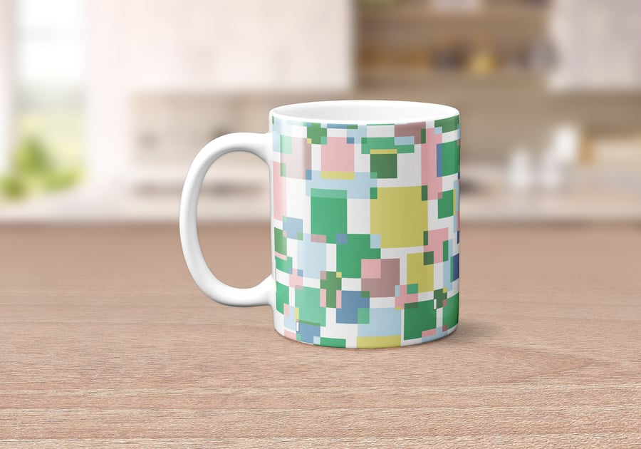 Multicoloured Crazy Squares Design Mug, Tea or Coffee Cup
