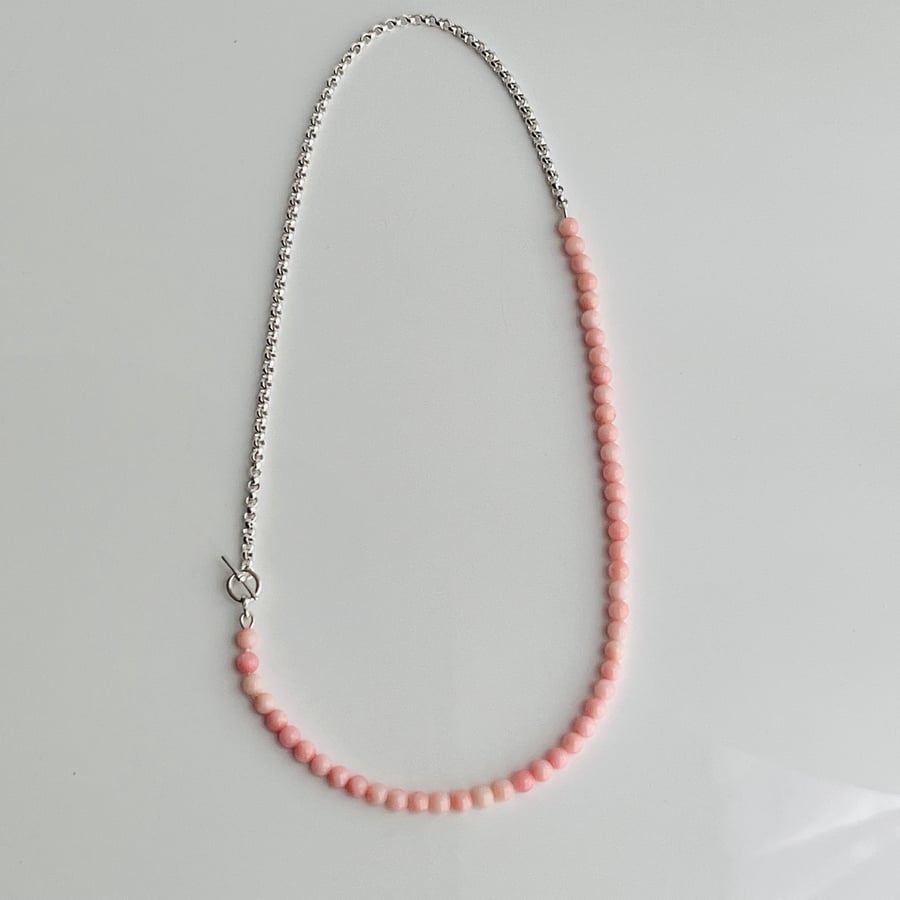 Pink Coral & Silver Rolo Chain Necklace, Handmade Modern Jewellery