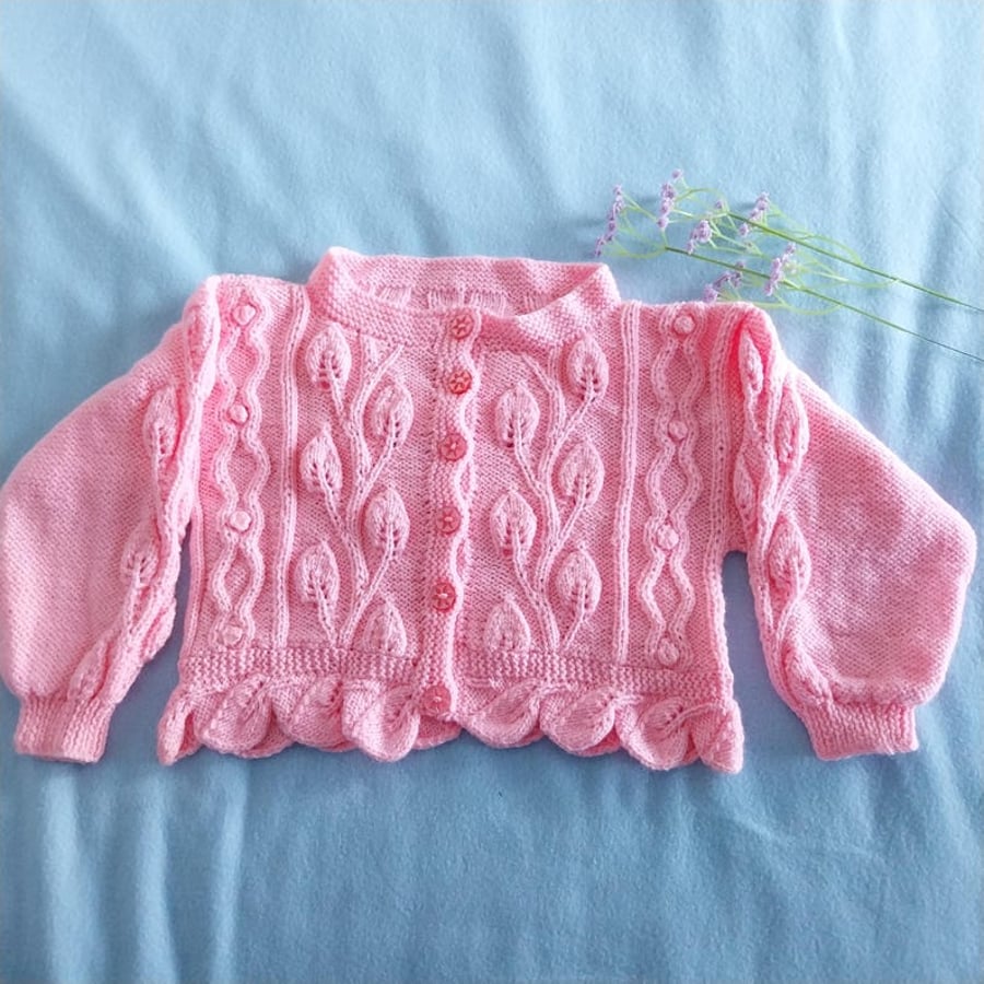 Hand Knitted Girls Pink Cardigan with Leaf and Cable Pattern, Age 1-2 Years
