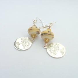 Lampwork glass ivory bead, crystal & sterling silver tree of life earrings