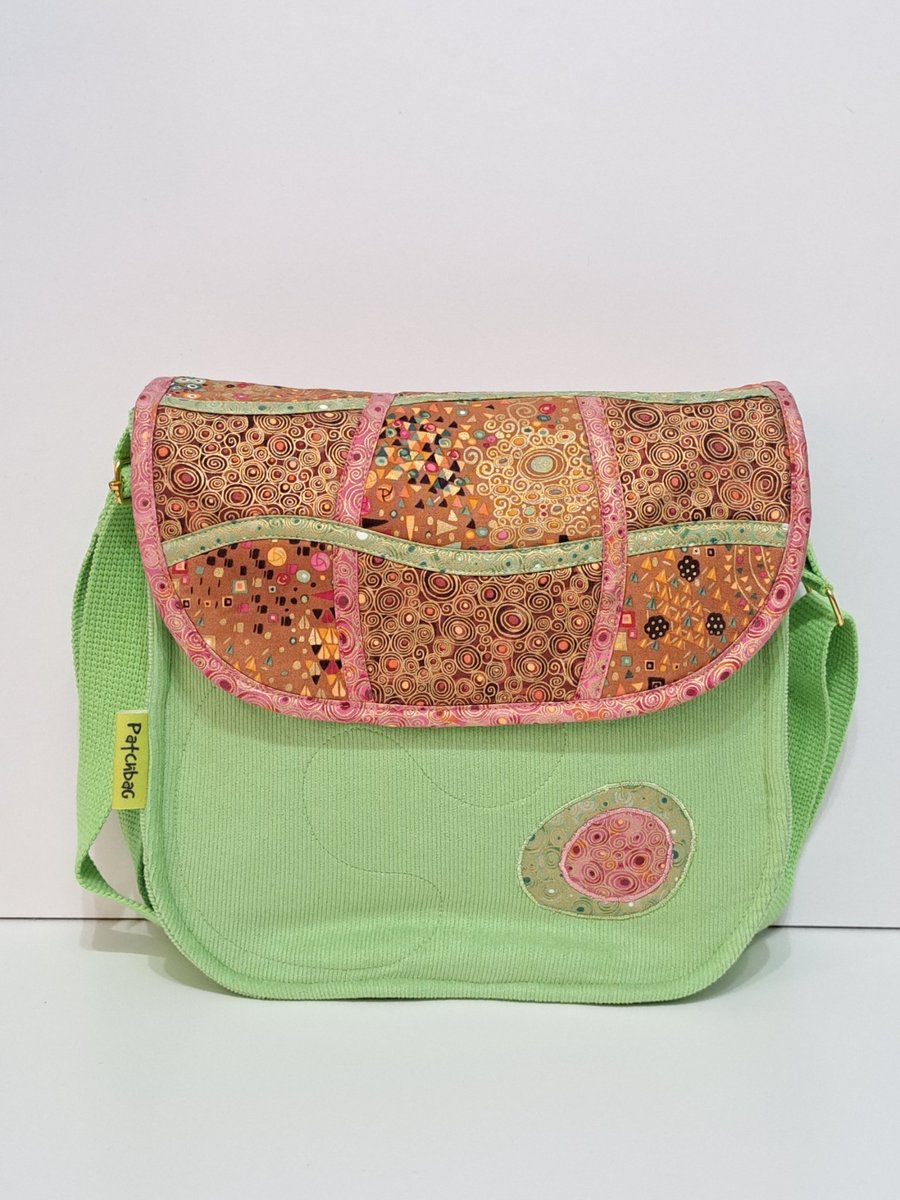 Big corduroy handbag with golden, pink and brown abstract pattern 