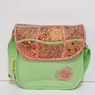 Big corduroy handbag with golden, pink and brown abstract pattern 