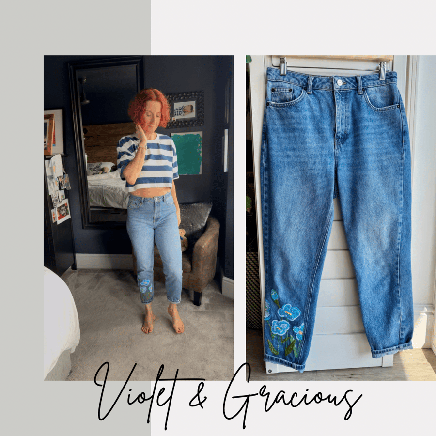 Reworked Floral Denim Jeans . Embroidered Blue Flower Jeans . size 10 . W28 L30