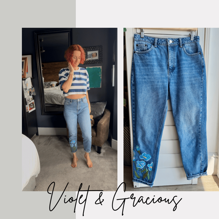 Reworked Floral Denim Jeans . Embroidered Blue Flower Jeans . size 10 . W28 L30