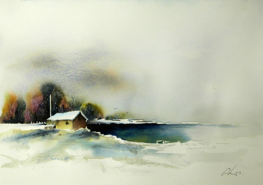 By a freezing lake. Original Watercolour Painting.