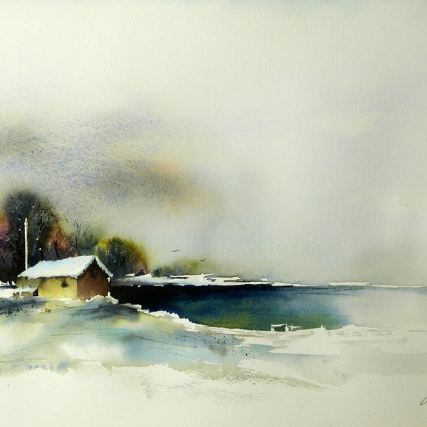 By a freezing lake. Original Watercolour Painting.