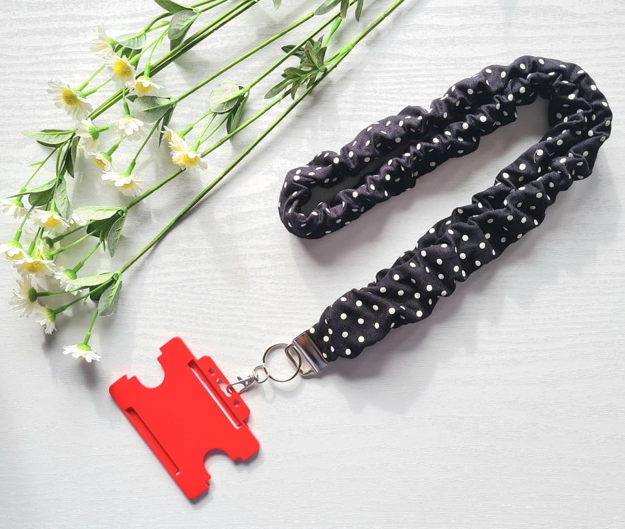 Handmade Scrunchie Lanyard Black & White Polka Dot Soft Cotton ID Badge Holder