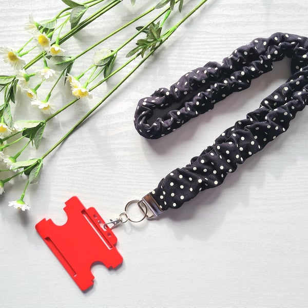 Handmade Scrunchie Lanyard Black & White Polka Dot Soft Cotton ID Badge Holder