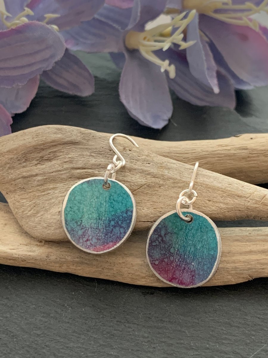 Printed Aluminium and sterling silver earrings - Turquoise, lilac and purple 