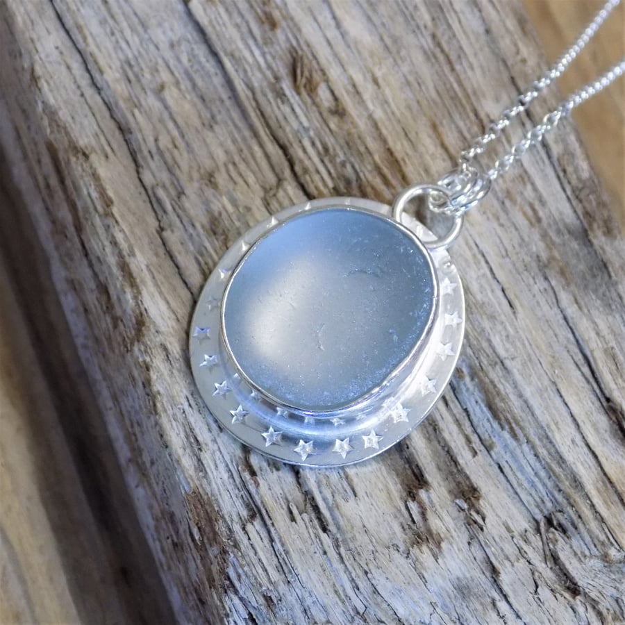 Silver bezel set sea glass 'opal' star  pendant 