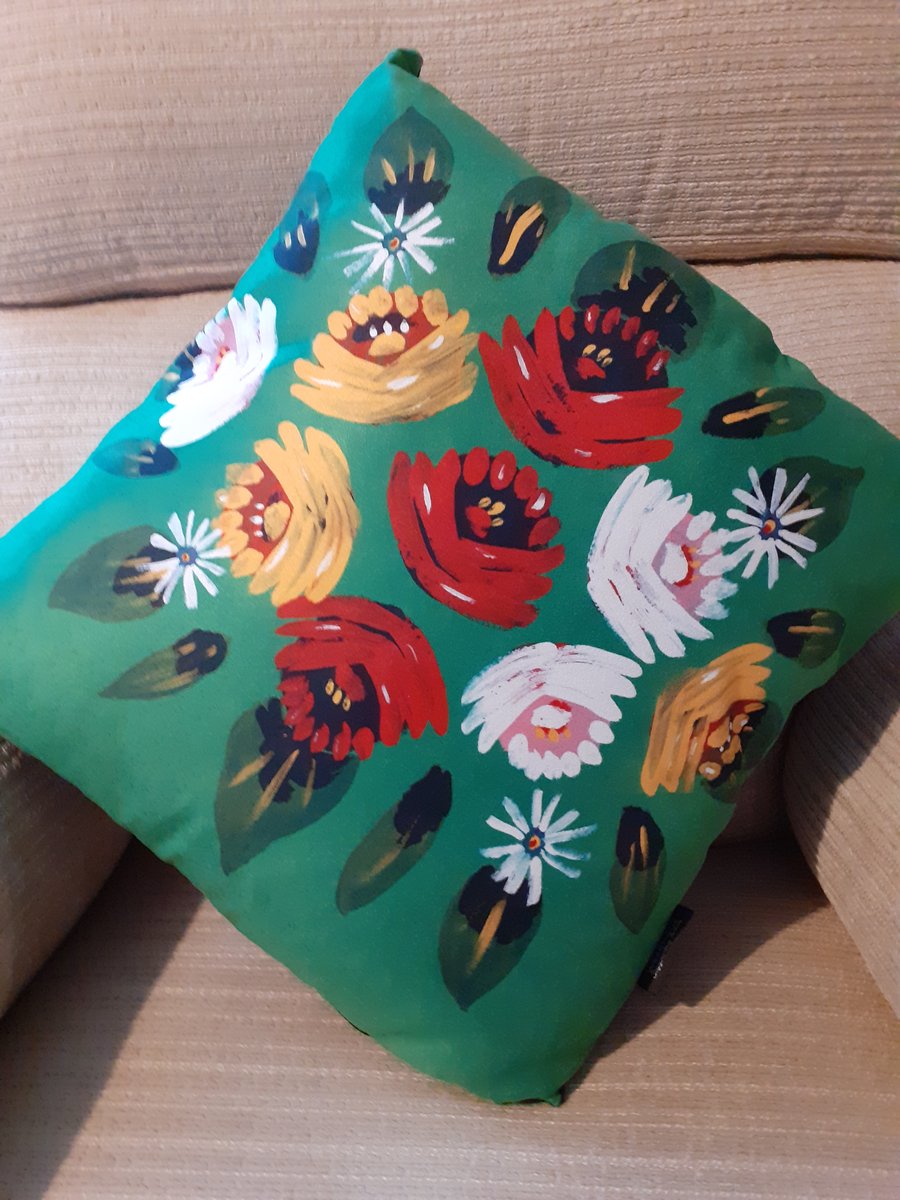 Green vegan suede cushion with canal art roses