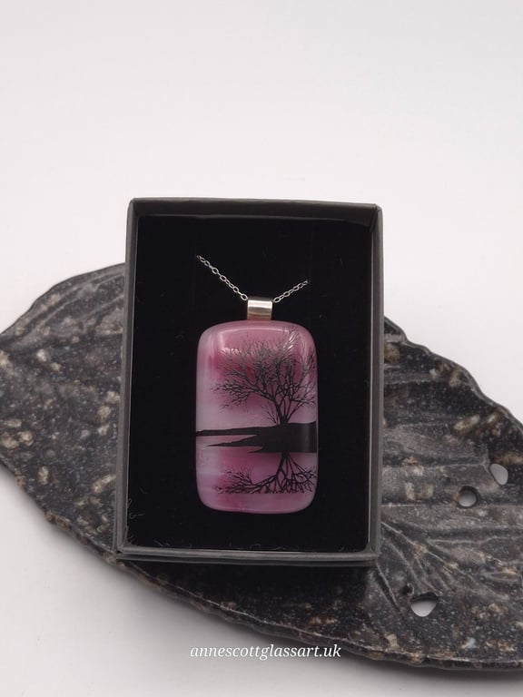 Tree Over Water On Pink, Fused Glass Pendant with Sterling Silver Findings
