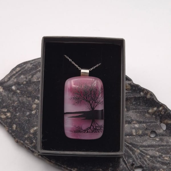 Tree Over Water On Pink, Fused Glass Pendant with Sterling Silver Findings