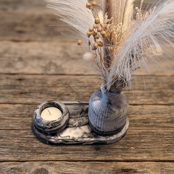 Black and White Marble Ecoresin Tray, Vase & Tealight Holder Set