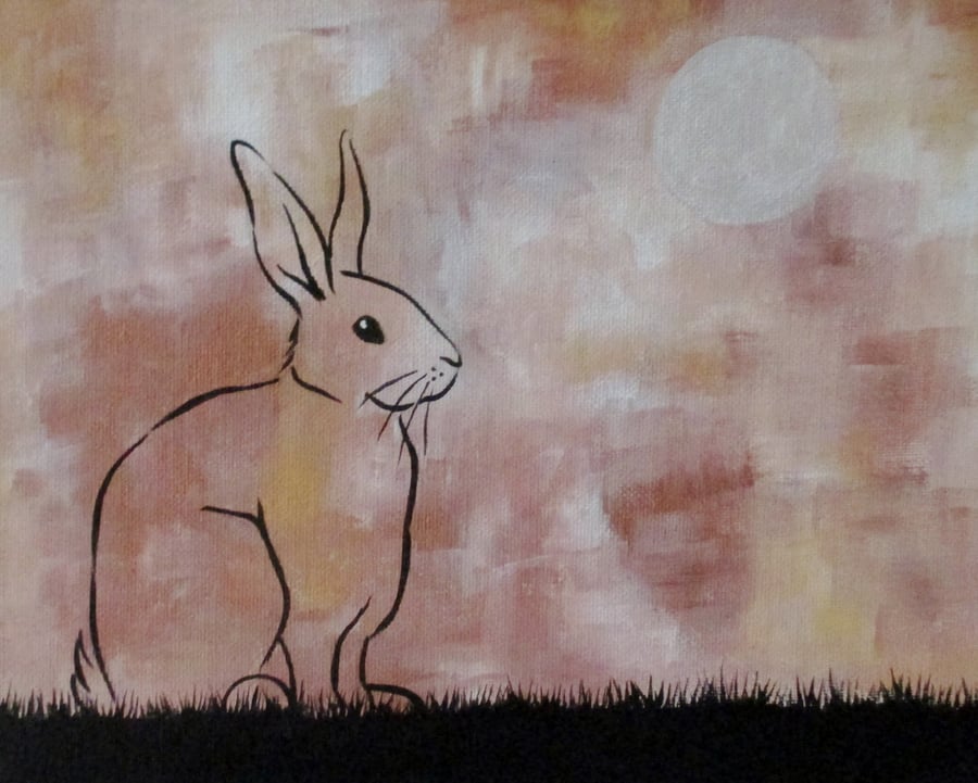 Bunny Rabbit Original Art Painting Moon Gazing 