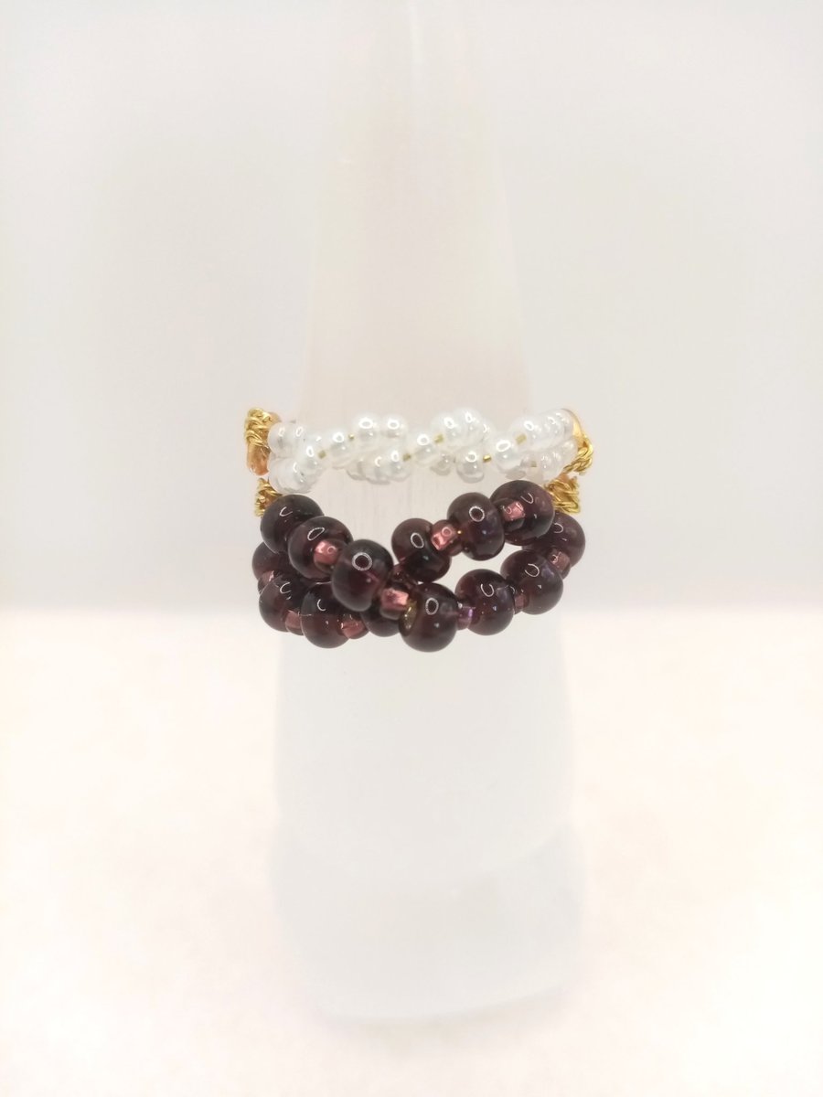 Amethyst and Purple Bead Cluster Ring Set with White Lustre Contrast Ring