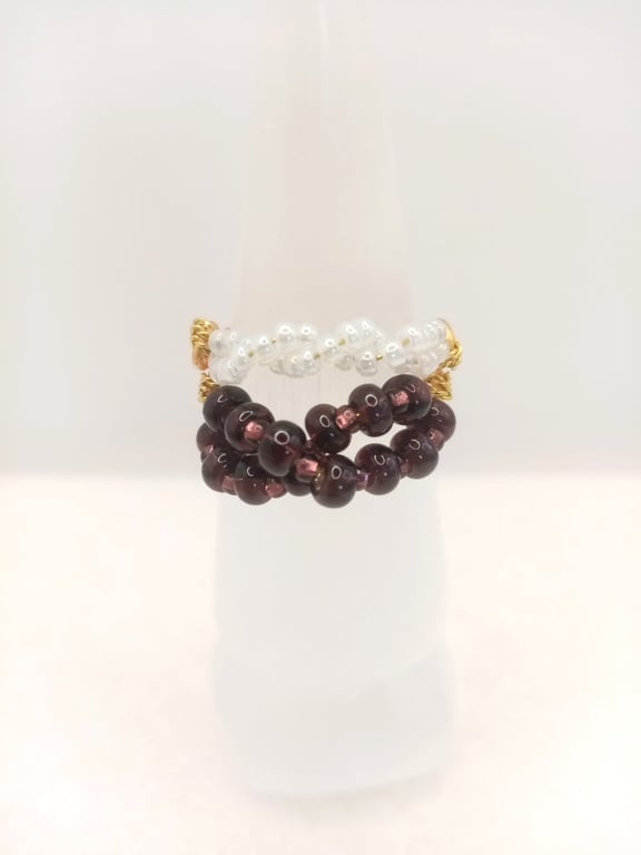Amethyst and Purple Bead Cluster Ring Set with White Lustre Contrast Ring