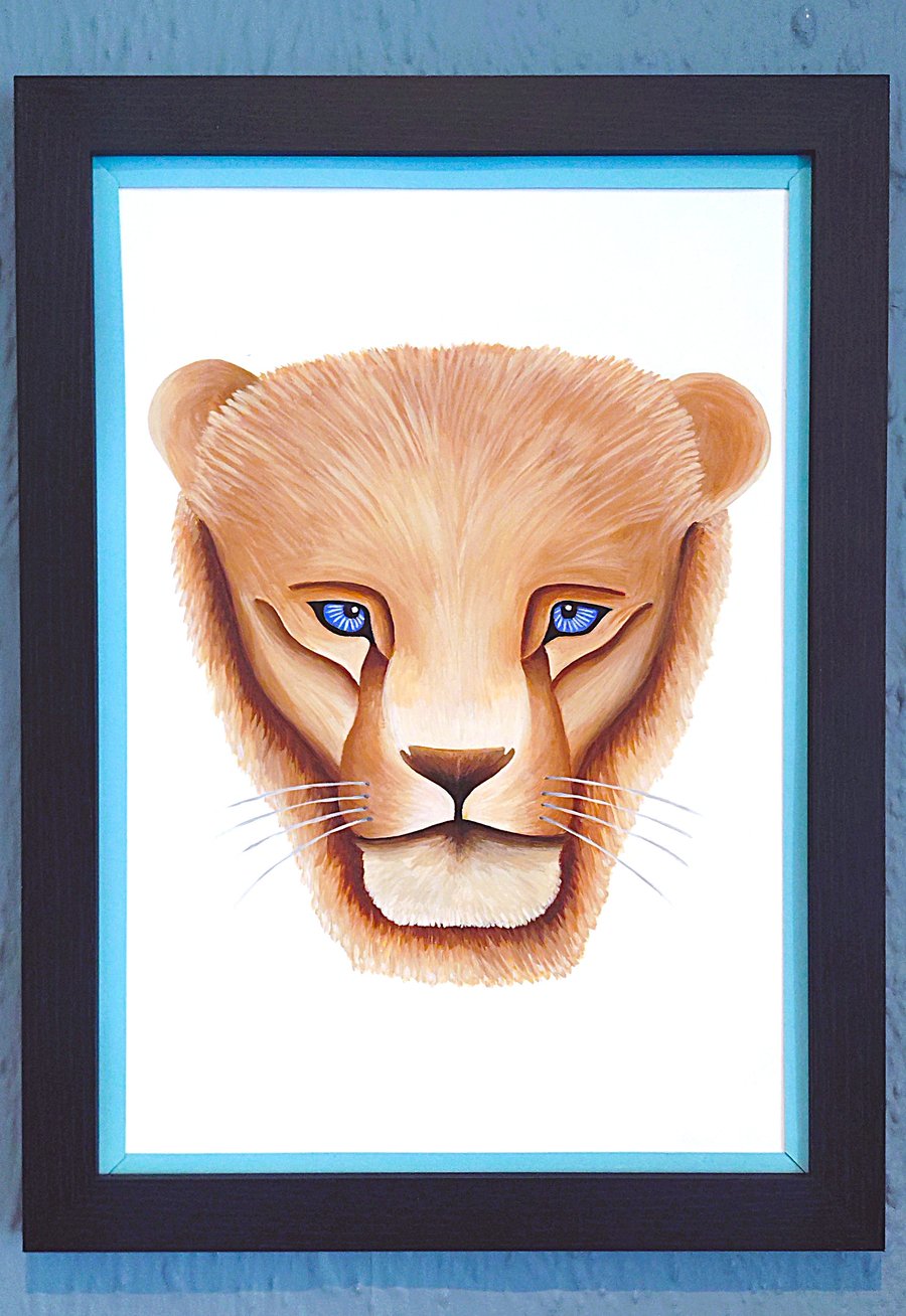 Framed A3 Print Colourful Lion Head Portrait Sky Blue Border Genuine Made in UK 