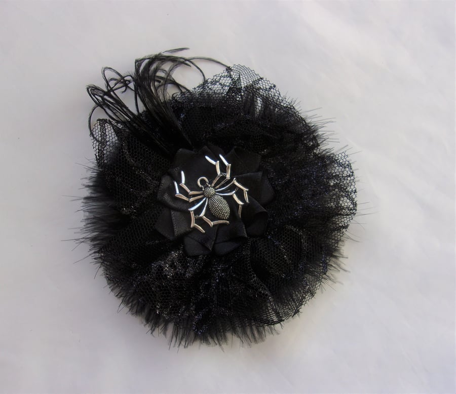 Black Feather Lace & Silver Spider Gothic Wedding Brooch