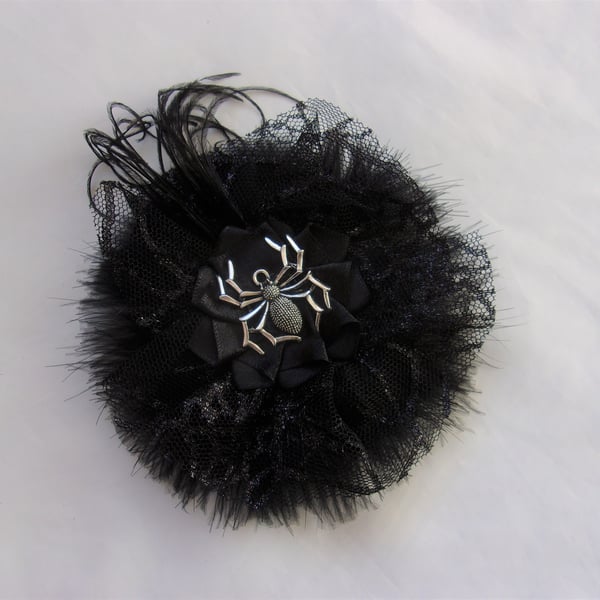 Black Feather Lace & Silver Spider Gothic Wedding Brooch