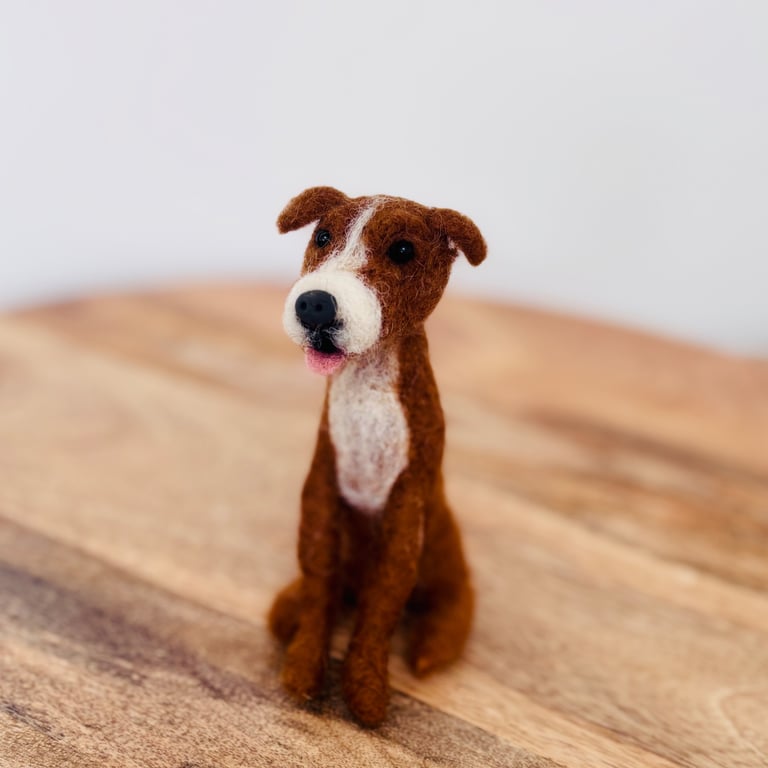 Needle felted Brown & White Staffie style dog. Collectible. Approx 10cm 