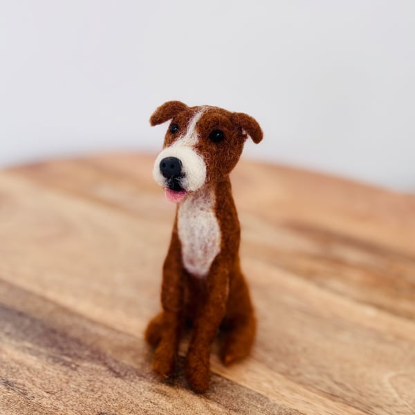 Needle felted Brown & White Staffie style dog. Collectible. Approx 10cm 