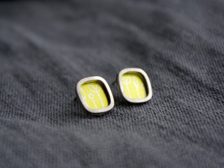 Lime and silver square studs - spring buds pattern