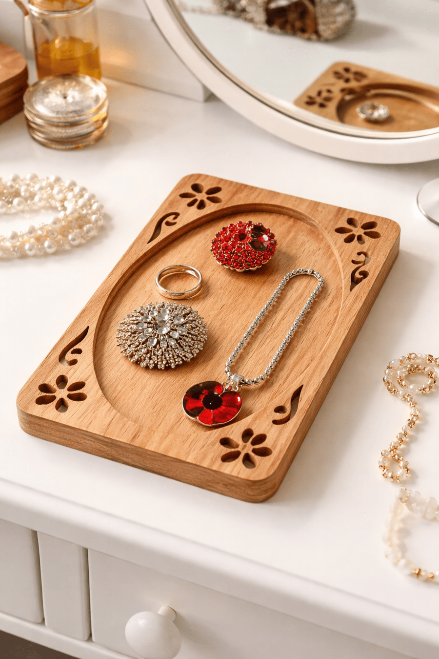 Wooden Jewellery Tray, Floral Scroll Trinket Dish, Rustic Ring Dish