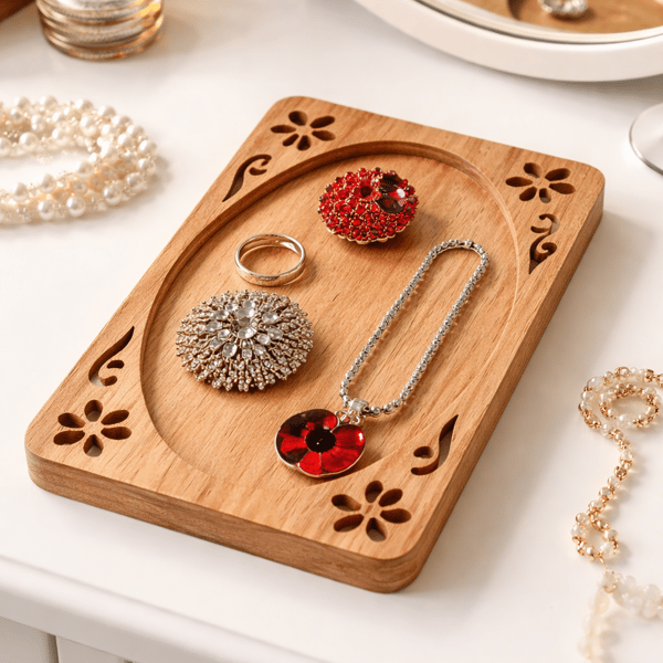 Wooden Jewellery Tray, Floral Scroll Trinket Dish, Rustic Ring Dish