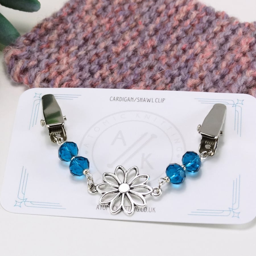 Sweater Clip - Teal Blue Crystal & Deco Flower Cardigan Clip Shawl Pin Pashmina 