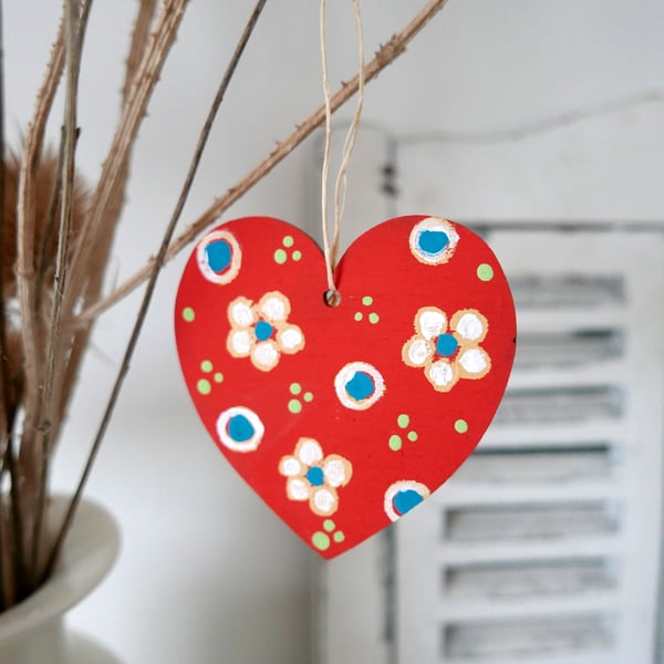 Red Hanging Heart, White Flower Decoration, Easter Tree Decor, Valentine's Gift