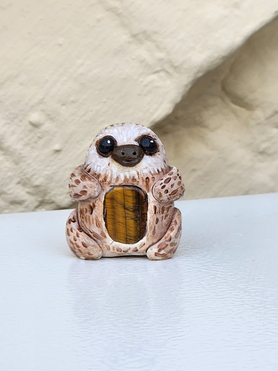 Hand painted polymer clay tigereye sloth totem sculpture
