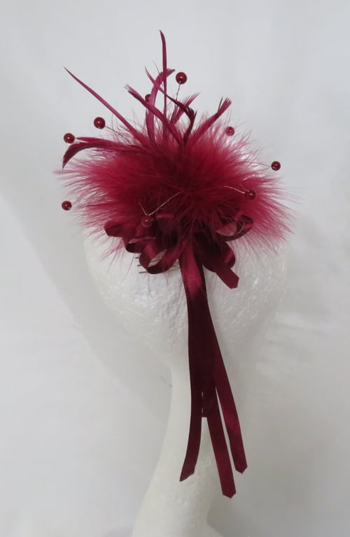 Burgundy Wine Feather & Pearl Ribbon Trail Regency Fascinator Comb Headpiece