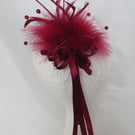 Burgundy Wine Feather & Pearl Ribbon Trail Regency Fascinator Comb Headpiece