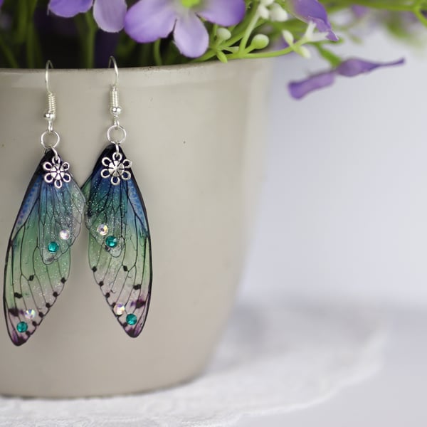 Fairy Wing Earrings - Butterfly Cicada - Blue Green - Fairycore - Gift - Boho